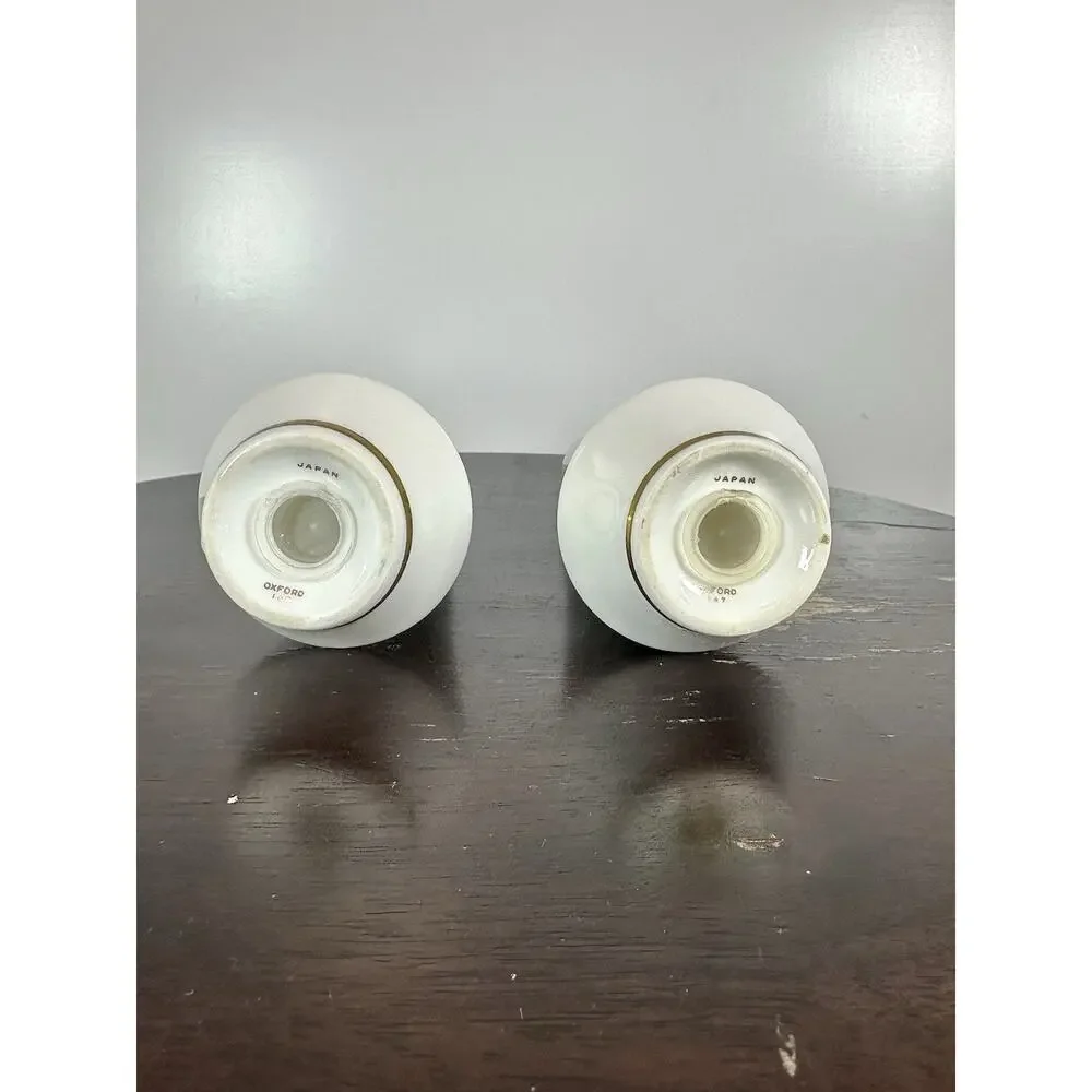 Oxford Japan Ceramic Salt & Pepper Shakers Set of 2 White Black Floral Gold Trim
